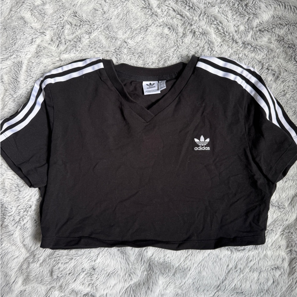 Adidas Black Tee with White Sleeve Stripes